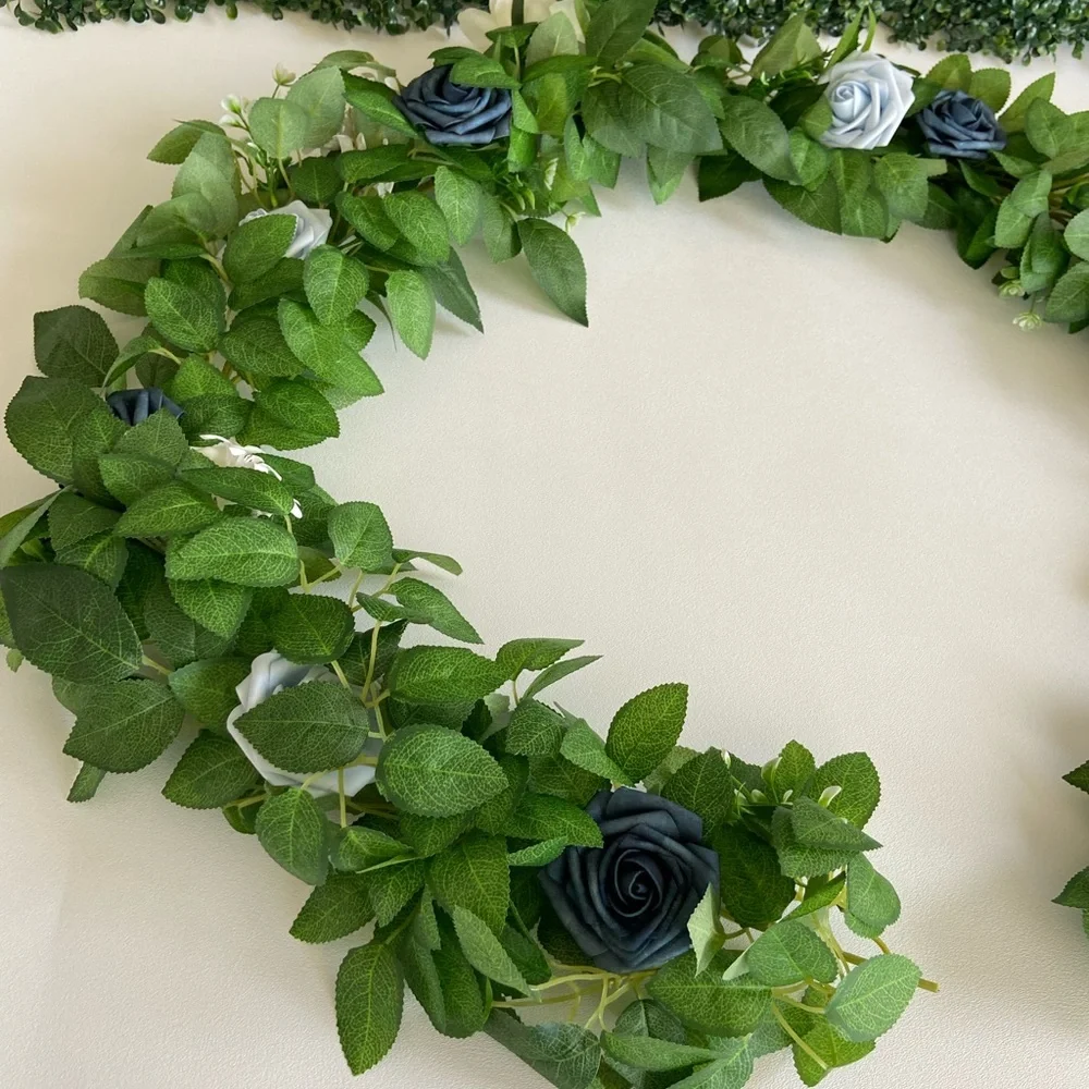 Dusty Blue Rose Ivory Flower Swag Greenery Floral Wreath